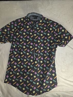 Interaffair Men's Black Short-Sleeve Geo Print Shirt Button Down